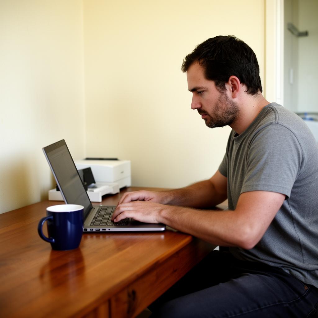 Person working at a laptop in a quiet apartment workspace